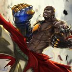  abs artist_name bald bared_teeth clenched_hand clenched_hands clenched_teeth cyborg dark_skin dark_skinned_male doomfist_(overwatch) facepaint mechanical_arm muscle navel overwatch power_fist shirtless signature spikes teeth very_dark_skin wallace_pires 