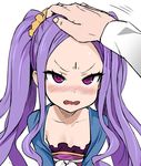  annoyed asanagi blush chinese_clothes dress fang fate/grand_order fate_(series) forehead hand_on_another's_head hanfu long_hair long_sleeves open_mouth out_of_frame petting pov pov_hands purple_hair sash shirt solo_focus strapless strapless_dress twintails upper_body very_long_hair wu_zetian_(fate/grand_order) 