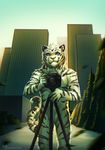  5_fingers anthro blue_eyes city day detailed_background feline fur lukiri male mammal outside solo striped_fur stripes tiger white_fur 