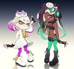  2girls absurdres aqua_eyes aqua_hair bare_shoulders blush breasts cephalopod_eyes cleavage crop_top crown dark_skin domino_mask dress fingerless_gloves full_body gloves green_eyes green_legwear hair_over_one_eye headphones highres hime_(splatoon) iida_(splatoon) looking_at_viewer makeup mascara mask medium_breasts midriff mole mole_under_mouth multicolored_hair multiple_girls navel navel_piercing pantyhose piercing pink_hair pink_legwear puchiman purple_hair short_eyebrows shorts sleeveless sleeveless_dress smile splatoon_(series) splatoon_2 symbol-shaped_pupils tentacle_hair two-tone_hair white_hair zipper 