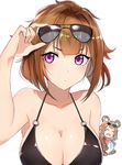  animal_ears bangs blunt_bangs blush breasts brown_hair chibi chibi_inset cleavage closed_mouth collarbone commentary_request eyewear_on_head girls_frontline grizzly_mkv_(girls_frontline) hair_intakes hand_up large_breasts looking_at_viewer luse_maonang multiple_girls o-ring o-ring_top sidelocks simple_background solo_focus sunglasses upper_body white_background 