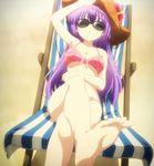  1girl beach breasts feet hat legs_crossed long_hair nishikawa_youko purple_hair sansha_san&#039;you sansha_sanyou screencap sitting solo stitched toes 