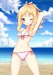  ass_visible_through_thighs beach bikini blonde_hair bow brown_eyes cloud cowboy_shot day drill_hair eromanga_sensei front-tie_top hair_bow highres horizon long_hair looking_at_viewer ocean one_eye_closed outdoors pink_bikini pink_bow ponytail red_bow ringlets side-tie_bikini solo standing striped striped_bikini swimsuit win_opz yamada_elf 