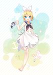  absurdres anchor bad_id bad_pixiv_id bare_legs bare_shoulders barefoot blonde_hair blue_eyes bracelet choker dress fang feet full_body hair_ornament hair_ribbon hairclip high_heels highres holding holding_shoes jewelry kagamine_rin moong_gya open_mouth ribbon sailor_collar sandals sandals_removed shoes shoes_removed short_hair smile solo summer toes vocaloid water_drop 