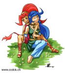  2girls barefoot blue_eyes blue_hair bodysuit bracelet cross-laced_sandals dark_skin din dress eyes_closed feet flower friends happy hug jewelry legs long_hair multiple_girls nature nayru pointy_ears ponytail red_eyes red_hair sandals sitting sleeping smile the_legend_of_zelda toes 