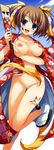  absurdres blue_eyes breasts breasts_apart brown_hair collarbone floral_print hagoita hair_ornament hanetsuki highres holding japanese_clothes kimono leg_up looking_at_viewer medium_breasts naked_kimono navel nipples open_clothes open_mouth paddle pussy sandals scan smile tabi tomose_shunsaku wide_sleeves 