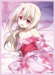  ass bare_shoulders bed border breasts brown_hair collarbone fate/kaleid_liner_prisma_illya fate_(series) floral_print from_behind highres illyasviel_von_einzbern japanese_clothes kimono long_hair looking_back lying no_bra obi off_shoulder on_side open_mouth pillow pink_border pink_kimono red_eyes sash small_breasts solo soukai_(lemonmaiden) yukata 