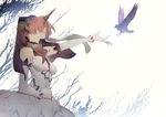  bird dress elbow_gloves fate/apocrypha fate_(series) frankenstein's_monster_(fate) gloves hair_over_eyes horn open_mouth outstretched_arm pink_hair ryota-h short_hair solo veil white_dress white_gloves 