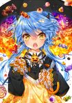  2016 black_umbrella blue_hair blush brooch candy eyeball eyebrows_visible_through_hair fangs food frilled_shirt_collar frills gem halloween heart heart_lollipop hieihirai holding holding_lollipop holding_umbrella horns jack-o'-lantern jewelry lace-trimmed_sleeves light_particles lollipop long_hair long_sleeves looking_at_viewer low_twintails motion_blur neck_ribbon open_mouth orange_eyes original ribbon saska_(hieihirai) signature sleeves_past_wrists solo star swirl_lollipop teeth triangle_mouth twintails umbrella upper_body yellow_eyes 