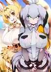  animal_ear_fluff animal_ears breasts bursting_breasts gloves head_wings highres huge_breasts kemono_friends multicolored_hair multiple_girls necktie pantyhose serval_(kemono_friends) serval_ears serval_print shirt shoebill_(kemono_friends) slugbox staring 