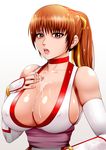  bangs bare_shoulders blush breasts brown_eyes brown_hair choker cleavage collarbone commentary_request covered_nipples cum cum_in_mouth cum_on_body cum_on_breasts cum_on_upper_body curvy dead_or_alive elbow_gloves fingerless_gloves gloves hair_ribbon highres huge_breasts japanese_clothes kasumi_(doa) long_hair looking_at_viewer moyashi_matsuri ninja open_mouth ponytail ribbon sash sideboob solo sweat upper_body yellow_ribbon 