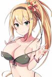 bare_shoulders bikini bikini_pull black_ribbon blonde_hair breasts cleavage flower front-tie_bikini front-tie_top girls_frontline green_bikini green_eyes hair_flower hair_ornament hair_ribbon hairband hibiscus highres large_breasts long_hair looking_at_viewer m1_garand_(girls_frontline) navel ponytail ribbon simple_background smile solo swimsuit upper_body white_background zhi_zhi/zu_zu 