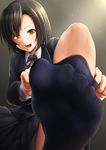  1girl absurdres blue_legwear feet hairclip looking_at_viewer one_leg_raised open_mouth pov pov_feet school_uniform short_hair socks_removed soles yellow_eyes 