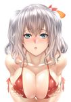  absurdres aqua_eyes bangs bare_shoulders bent_over bikini blush breast_hold breasts cleavage collarbone cowboy_shot enty_reward highres kantai_collection kashima_(kantai_collection) large_breasts lips nose_blush paid_reward parted_lips red_bikini self_fondle silver_hair simple_background solo swimsuit thigh_gap twintails white_background zucchini 