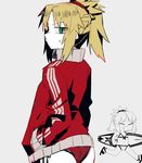  ass bikini blonde_hair fate/grand_order fate_(series) green_eyes highres jacket long_hair mordred_(fate)_(all) mordred_(swimsuit_rider)_(fate) ponytail solo swimsuit track_jacket uotsu_(sabakou) 