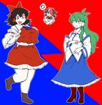  ankle_boots antenna_hair ascot black_hair boots bow breasts brown_hair clenched_hand commentary d: detached_sleeves fat green_hair grin hair_bow hair_over_one_eye hakurei_reimu high_heel_boots high_heels kijin_seija kochiya_sanae large_bow large_breasts long_hair long_skirt miniskirt multicolored_hair multiple_girls navel nazotyu open_mouth oversized_clothes plump red_eyes short_hair skirt small_breasts smile standing standing_on_one_leg streaked_hair surprised sweat thick_thighs thighs touhou tsurime undersized_clothes v-shaped_eyebrows very_long_hair wavy_hair wavy_mouth white_hair wide_hips 