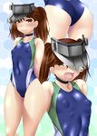  areolae ass ayato blue_swimsuit brown_eyes brown_hair choker competition_swimsuit covered_nipples cowboy_shot embarrassed flat_chest highres kantai_collection large_areolae long_hair looking_at_viewer multiple_views one-piece_swimsuit open_mouth puffy_nipples ryuujou_(kantai_collection) standing swimsuit twintails visor_cap wavy_mouth 