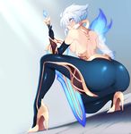  absurdres arched_back ass backless_outfit bare_back bare_shoulders black_gloves blue_eyes bodysuit breasts closed_mouth dawnbringer_riven elbow_gloves from_side full_body gloves hair_between_eyes high_heels highres holding holding_sword holding_weapon league_of_legends looking_at_viewer looking_back medium_breasts nanoless nipples paid_reward patreon_reward riven_(league_of_legends) short_hair solo squatting sword weapon white_hair 