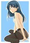  amayasan arm_support bad_id bad_pixiv_id black_legwear blue_hair blush breasts brown_eyes feet idolmaster idolmaster_(classic) kisaragi_chihaya long_hair panties panties_under_pantyhose pantyhose sitting small_breasts solo thighband_pantyhose topless underwear underwear_only 