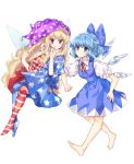  2girls absurdres american_flag_dress american_flag_legwear barefoot blonde_hair blue_bow blue_dress blue_eyes blue_hair blue_legwear blush bow breasts cheunes cirno clenched_hand clownpiece dress fairy_wings floating full_body hair_bow hands_up hat highres ice ice_wings jester_cap long_hair looking_at_viewer medium_breasts mob_cap multiple_girls neck_ribbon neck_ruff no_shoes pantyhose pinafore_dress polka_dot polka_dot_hat puffy_short_sleeves puffy_sleeves purple_eyes purple_hat red_dress red_legwear red_neckwear red_ribbon ribbon shirt short_hair short_sleeves smile star star_print striped striped_dress striped_legwear touhou transparent_background very_long_hair white_dress white_legwear white_shirt wings 