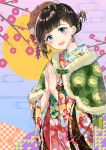  1girl :d black_hair blue_eyes blush capelet chinese_zodiac commentary_request earrings egasumi fingernails floral_print flower fur-trimmed_capelet fur_trim green_capelet hair_ornament hands_together japanese_clothes jewelry kimono miyabi_akino nail_polish obi open_mouth original own_hands_together palms_together pink_flower pink_nails print_kimono red_kimono sash smile solo tree_branch year_of_the_pig 