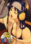  1girl bare_shoulders blue_hair breasts downblouse ginga_cosmo headphones highres idolmaster idolmaster_(classic) jewelry kisaragi_chihaya long_hair microphone necklace nipple_slip nipples one_eye_closed p-head_producer pop_filter producer_(idolmaster) recording recording_studio small_breasts studio_microphone wince yellow_eyes 