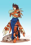  5_fingers ambiguous_gender anthro barefoot blue_eyes clothed clothing duo female gradient_background kittydee lionfish simple_background smile young 