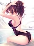  arched_back ass bangs black_swimsuit breasts brown_eyes brown_hair competition_swimsuit covered_nipples day hair_tie hair_tie_in_mouth haruka_natsuki indoors large_breasts legs_together light_rays long_hair looking_at_viewer looking_back mouth_hold nape one-piece_swimsuit original ponytail pool poolside profile purple_eyes sideboob sidelocks sitting solo sunbeam sunlight swimsuit thighs tying_hair wet wet_clothes 