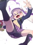  1girl :d bike_shorts blazer blurry chinese_commentary commentary_request depth_of_field domino_mask fangs holding holding_weapon inkling jacket looking_at_viewer mask nintendo open_mouth purple_eyes purple_hair school_uniform shorts shorts_under_skirt smile solo splatoon splatoon_(series) tentacle_hair toku_(ke7416613) v-shaped_eyebrows weapon 