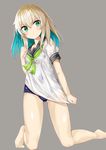  aqua_hair ass_visible_through_thighs bangs barefoot blonde_hair blue_swimsuit blush closed_mouth commentary eyebrows_visible_through_hair green_eyes green_neckwear grey_background kavka kneeling looking_back multicolored_hair neckerchief one-piece_swimsuit original school_swimsuit school_uniform see-through serafuku shirt shirt_tug short_sleeves sleeve_cuffs solo swimsuit swimsuit_under_clothes two-tone_hair uniform wet wet_clothes wet_shirt white_shirt 