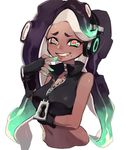  aqua_eyes bare_shoulders black_gloves black_hair breasts cephalopod_eyes cleavage crop_top dark_skin finger_to_mouth fingerless_gloves gloves green_hair grin iida_(splatoon) long_hair looking_at_viewer makeup mascara medium_breasts midriff mole mole_under_mouth multicolored_hair navel octarian simple_background sleeveless smile solo splatoon_(series) splatoon_2 stomach symbol-shaped_pupils taka-chin teeth tentacles two-tone_hair white_background zipper 