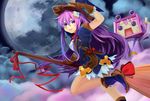  blush broom cloud flying four_goddesses_online:_cyber_dimension_neptune hair_ornament hat highres long_hair looking_at_viewer moon nepgear nepgyaa neptune_(series) purple_eyes purple_hair sawabuki smile witch_hat 