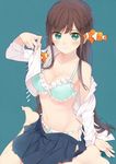  amamiya_chiharu barefoot blue_background blue_bra blue_panties blush bra breasts brown_hair cleavage closed_mouth clownfish collarbone fish frilled_bra frills green_eyes hand_up long_hair looking_at_viewer medium_breasts navel open_clothes open_shirt original panties pleated_skirt shirt side-tie_panties simple_background sitting skirt smile solo underwear undressing wariza white_shirt 