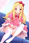  bashen_chenyue blonde_hair blush dress dress_lift drill_hair eromanga_sensei hairband highres lifted_by_self long_hair looking_at_viewer navel open_mouth panties pink_eyes pink_panties pointy_ears red_hairband ringlets sitting solo thighhighs underwear white_legwear yamada_elf 
