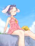  animal_ears arm_support bare_arms bare_legs bare_shoulders blue_sky bogyaku_no_m bunny_ears carrot carrot_necklace closed_eyes cloud collarbone commentary_request day dress floating_hair floppy_ears flower inaba_tewi outdoors pink_dress purple_hair shiny shiny_hair short_dress sitting sky sleeveless sleeveless_dress smile solo summer sundress sunflower touhou wind 