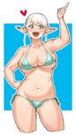  aqua_eyes arm_up belly bikini blush breasts elf elf-san_wa_yaserarenai. erufuda-san eyebrows_visible_through_hair fang green_eyes hand_on_hip heart highres huge_breasts midriff multicolored multicolored_eyes navel open_mouth plump pointing pointing_up pointy_ears solo stomach swimsuit synecdoche thick_thighs thighs tight white_hair 