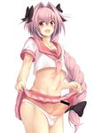  :d astolfo_(fate) bar_censor black_bow bow braid censored collarbone erection fang fate/apocrypha fate/grand_order fate_(series) foreskin hair_bow hair_intakes heart heart-shaped_pupils highres long_hair male_focus navel open_mouth otoko_no_ko panties penis phimosis pink_hair red_eyes school_uniform simple_background single_braid skirt skirt_lift smile sukage symbol-shaped_pupils underwear very_long_hair white_background 