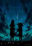 2girls animal_ears back cloud cloudy_sky commentary_request dated from_behind hat hat_feather holding_hands kaban_(kemono_friends) kemono_friends mokyutan multiple_girls night serval_(kemono_friends) serval_ears shooting_star sky standing star_(sky) starry_sky 