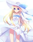  bare_shoulders blonde_hair blue_eyes dress hat highres kawasaki_toiro long_hair looking_at_viewer original simple_background solo standing strapless strapless_dress sun_hat wind 