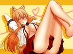  animal_ear_fluff animal_ears arms_behind_back blonde_hair blush breasts collarbone covered_nipples crossed_legs fate/extra fate/extra_ccc fate/extra_ccc_fox_tail fate/grand_order fate_(series) fox_ears fox_tail hand_on_own_chest hasebe_akira heart large_breasts long_hair looking_at_viewer open_clothes open_shirt shirt smile solo suzuka_gozen_(fate) sweat tail tongue tongue_out yellow_eyes 