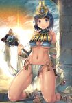 bare_shoulders bikini black_hair blue_eyes blush breasts cloud commentary_request crown egyptian egyptian_clothes full_body jewelry kneeling large_breasts looking_at_viewer menace midriff navel open_mouth panties parted_lips pelvic_curtain queen's_blade revealing_clothes sandals setra shiny shiny_hair shiny_skin short_hair sky smile solo striped striped_bikini striped_panties sunlight sunrise swimsuit underboob underwear yoshimura_(yoshimura4shi) 