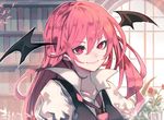  1girl book bookshelf buttons closed_mouth flower hair_between_eyes head_wings indoors koakuma lips long_hair looking_at_viewer necktie pointy_ears red_eyes red_hair red_necktie smile solo touhou uni_(bom19850101) upper_body vest window wing_collar 