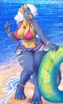  2017 4_toes anthro beach big_breasts blue_eyes breasts clothed clothing dragon eyewear female glasses hair jewelry looking_at_viewer navel necklace partially_clothed piercing rakkigaru scalie seaside shorts smile solo standing swimsuit teeth toes v_sign water wide_hips 