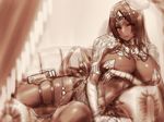  blush breasts brown_eyes couch curtains dark_skin eyebrows_visible_through_hair eyelashes fate/grand_order fate_(series) feathers hayama_kazusa huge_breasts jewelry lips looking_to_the_side lying monochrome on_side scheherazade_(fate/grand_order) solo 