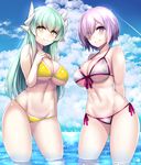  adapted_costume aqua_hair arms_behind_back beeyan bikini blue_sky blush breasts cleavage closed_mouth cloud cloudy_sky condensation_trail contrapposto day eyes_visible_through_hair fate/grand_order fate_(series) front-tie_bikini front-tie_top hair_over_one_eye hand_on_own_chest highres horns kiyohime_(fate/grand_order) kiyohime_(swimsuit_lancer)_(fate) large_breasts long_hair looking_at_viewer mash_kyrielight multiple_girls navel outdoors purple_eyes purple_hair short_hair side-tie_bikini sky smile sparkle standing stomach swimsuit swimsuit_of_perpetual_summer underboob wading water white_bikini yellow_bikini yellow_eyes 