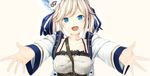  beret blonde_hair blue_eyes breasts collarbone colorized cucouroux_(granblue_fantasy) eyebrows_visible_through_hair granblue_fantasy hat highres hiraba_6018 large_breasts long_sleeves open_mouth outstretched_arms ribbon simple_background solo twintails 