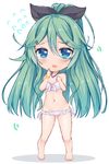  :d alternate_costume aqua_eyes bikini bracelet breasts chibi cleavage collarbone commentary_request flying_sweatdrops green_hair hair_ornament hair_ribbon hairclip highres jewelry kantai_collection ko_yu long_hair looking_at_viewer navel necklace open_mouth ribbon simple_background small_breasts smile solo swimsuit white_background white_bikini yamakaze_(kantai_collection) 