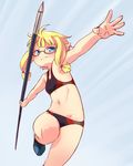  armpits blonde_hair blue_background blue_eyes breasts commentary_request elf glasses hondarai javelin midriff navel original outstretched_arms pointy_ears shoes short_hair_with_long_locks sidelocks small_breasts solo speed_lines sports_bra sportswear spread_arms standing standing_on_one_leg stomach throwing 