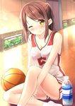  ;) bangs basketball basketball_uniform between_legs blush bottle bra breasts brown_hair cleavage collarbone commentary_request eyebrows_visible_through_hair gymnasium hand_between_legs highres indoors jersey karutamo looking_at_viewer medium_breasts moe2017 one_eye_closed original own_hands_together parted_lips pink_bra ponytail see-through shirt shorts sidelocks sitting smile socks solo sportswear swept_bangs thighs underwear v_arms water_bottle wet wet_clothes wet_shirt white_legwear wooden_floor yellow_eyes 