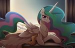  2017 equine eyelashes feathered_wings feathers female feral friendship_is_magic hair hooves horn long_hair looking_at_viewer lying mammal momomistress multicolored_hair multicolored_tail my_little_pony on_front princess_celestia_(mlp) purple_eyes smile solo white_feathers winged_unicorn wings 